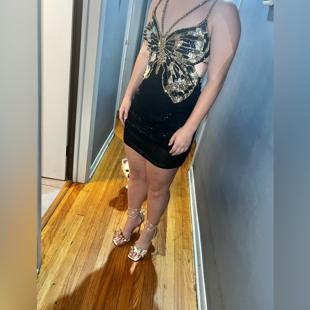 Sherri Hill Black and Gold Sequin Mini Dress